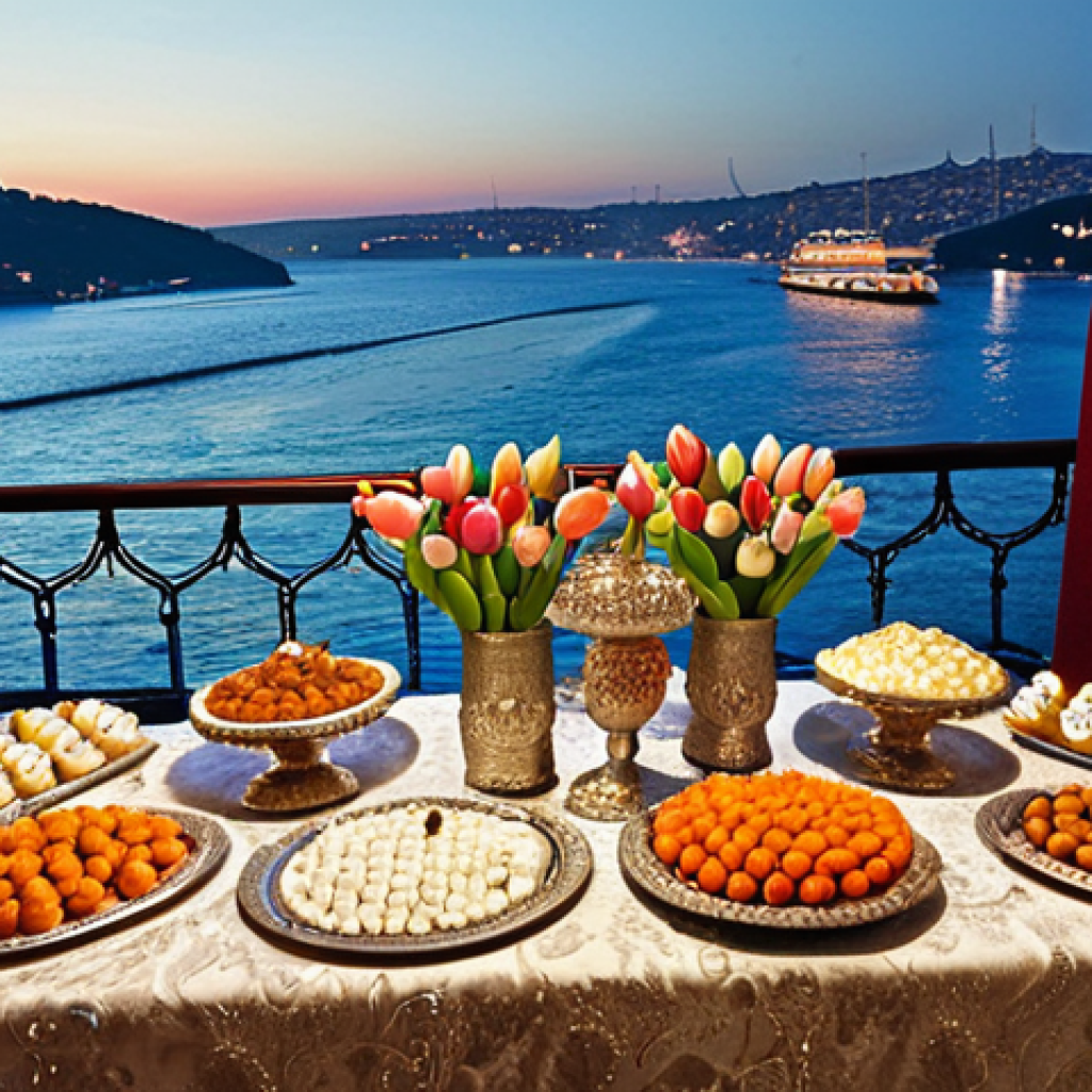 **

A lavish Turkish wedding reception at a Bosphorus-side venue. Focus on the opulent decorations, elaborate floral arrangements with Turkish tulips, and elegantly dressed guests enjoying a traditional Turkish dance (e.g., Halay). Include details like Turkish delight (lokum) on silver platters and the sparkling Bosphorus in the background.

**