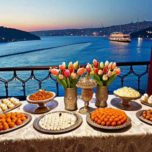 Home 8 **
A lavish Turkish wedding reception at a Bosphorus-side venue. Focus on the opulent decorations, elaborate floral arrangements with Turkish tulips, and elegantly dressed guests enjoying a traditional Turkish dance (e.g., Halay). Include details like Turkish delight (lokum) on silver platters and the sparkling Bosphorus in the background.
**