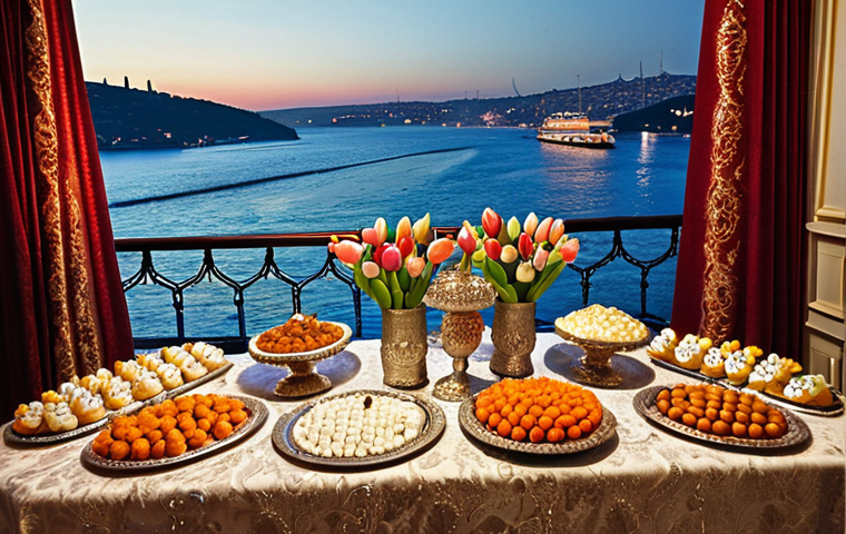 **

A lavish Turkish wedding reception at a Bosphorus-side venue. Focus on the opulent decorations, elaborate floral arrangements with Turkish tulips, and elegantly dressed guests enjoying a traditional Turkish dance (e.g., Halay). Include details like Turkish delight (lokum) on silver platters and the sparkling Bosphorus in the background.

**